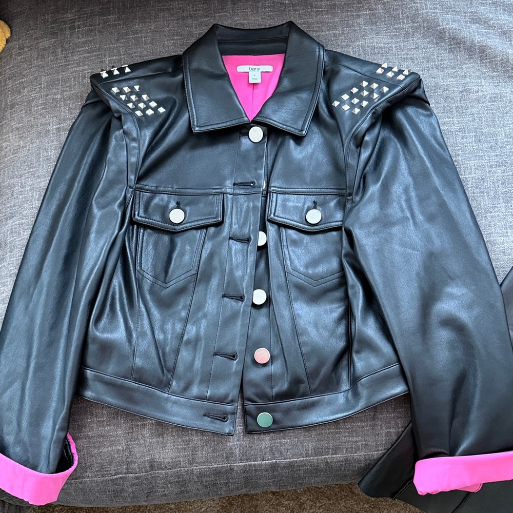 Guess Black Leather Jacket with Pink Lining